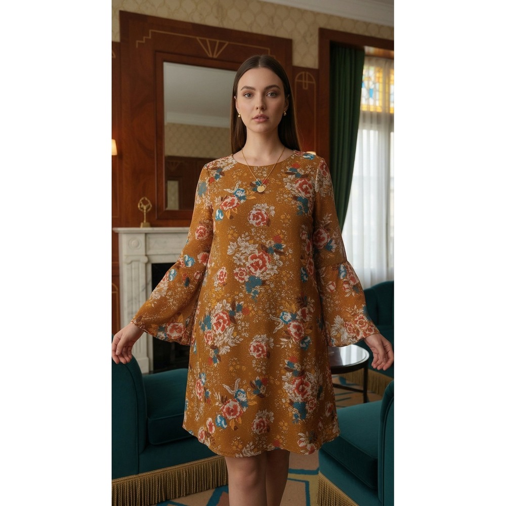 Womens Mustard Floral‎ Print Dress Bell Sleeves Midi Boho Sz. 2X
